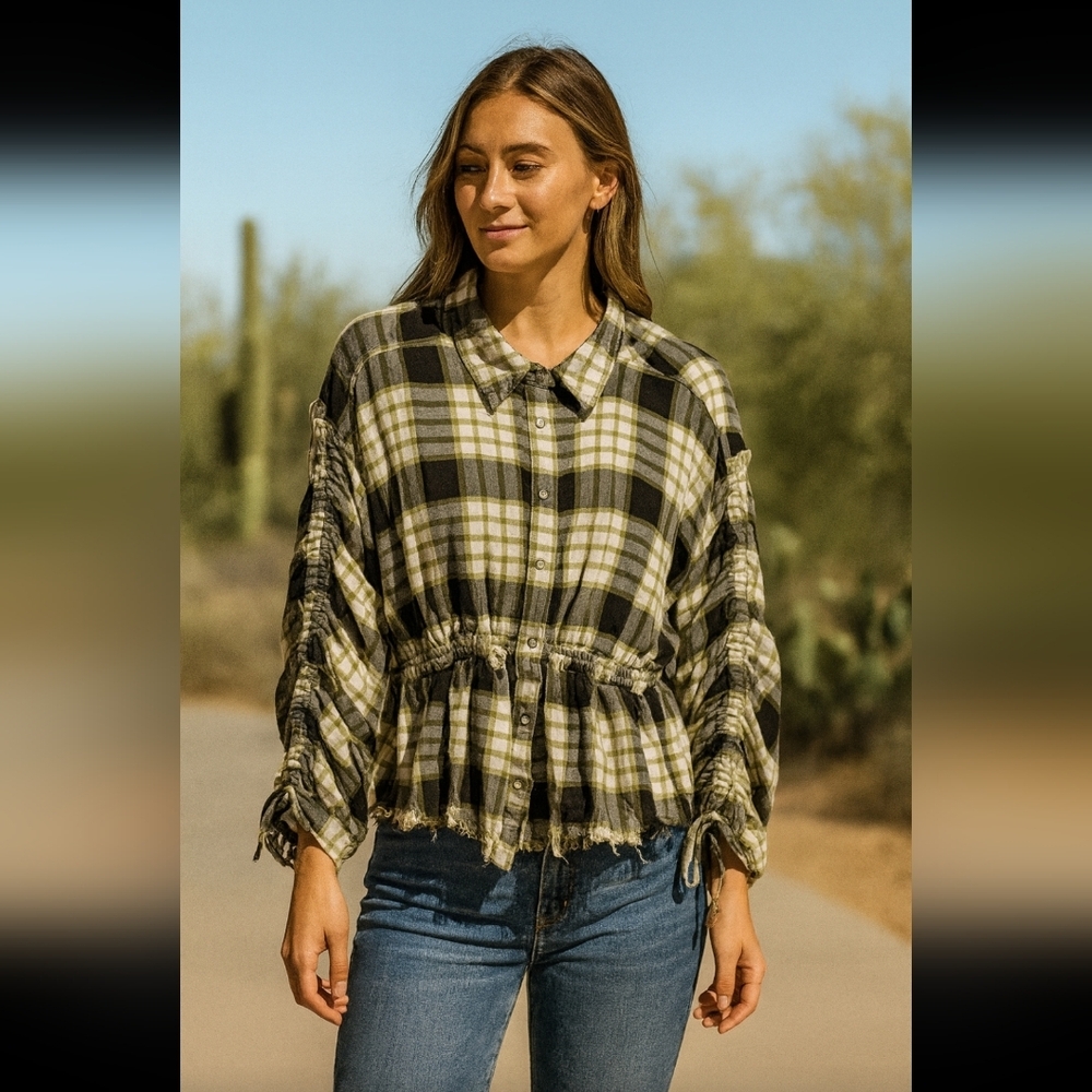 Free People Black & Green Plaid-Frayed Bottom- Button-Up Women’s Top-Size Medium